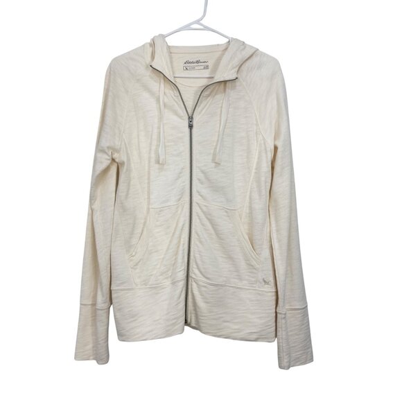 Eddie Bauer Womens SZ M Cream-Ivory Full Zip Hoodie Sweater Reglan Long Sleeve - Picture 1 of 13